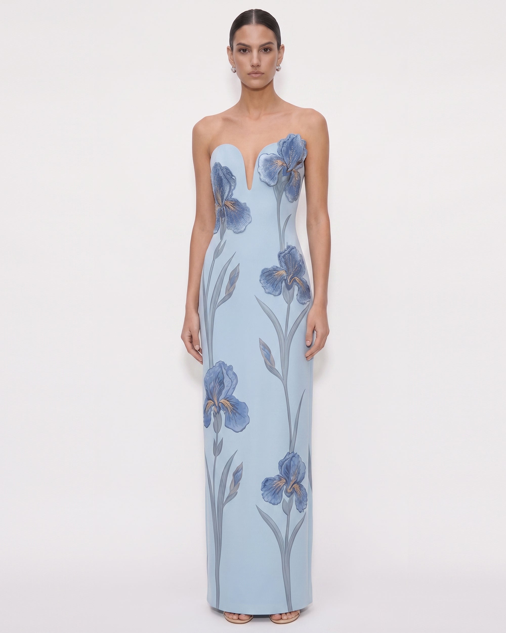 Iris Embroidered Notch Neck Strapless Maxi Dress - Light Blue