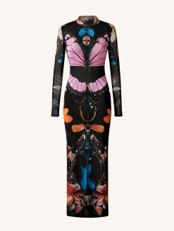Alternative view of Double-layered Mesh Sheer Butterfly and Beetle Gown - Multicolor