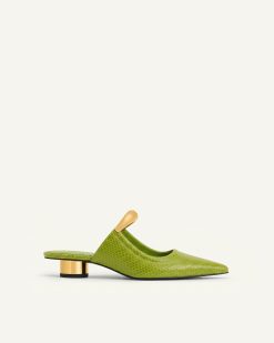 Helena Pierced Snakeskin Mules - Green