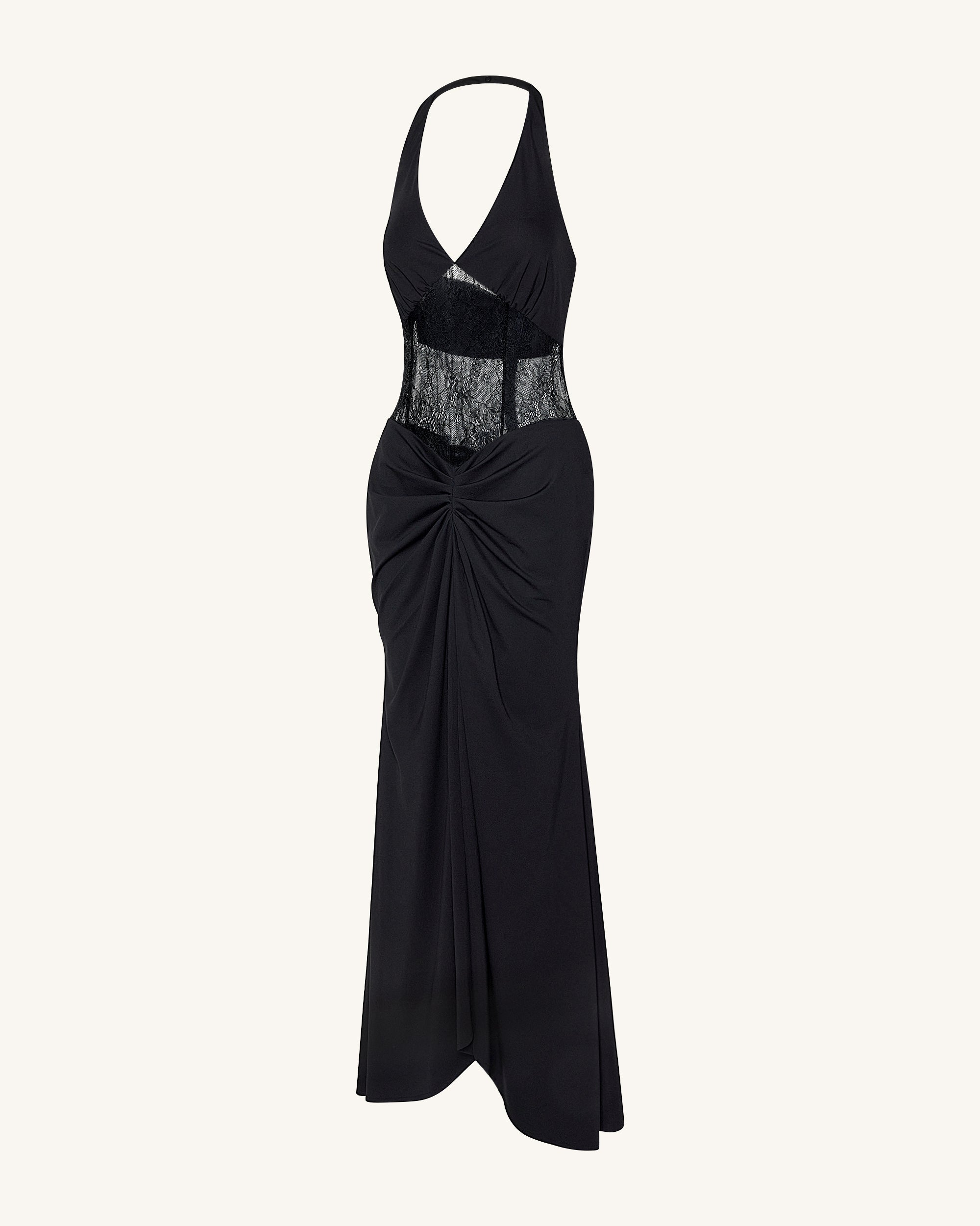 Ruched Lace Panel Maxi Dress - Black - Image 4