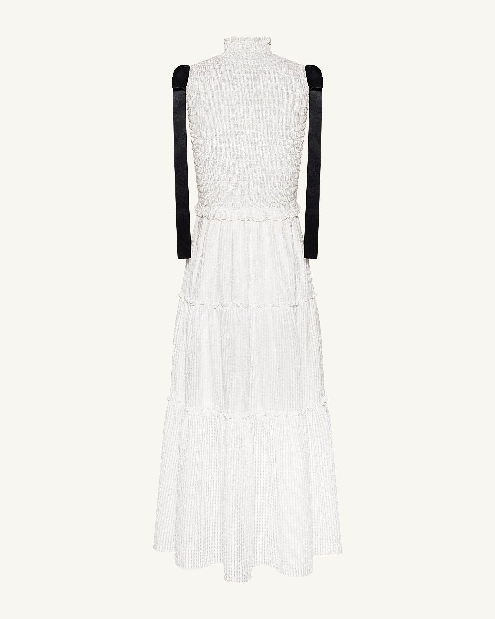 High-Neck Sleeveless Smocked Three-Tier Maxi Dress - White - Image 4