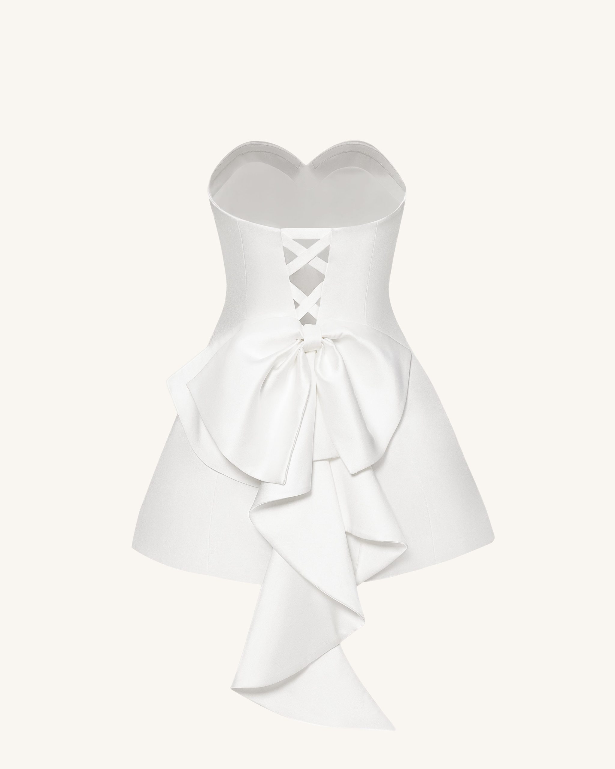 Satin Strapless Bow-Back Mini Dress - White - Image 6