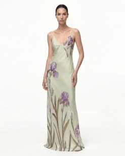 Iris Motif Satin Slip Gown - Light Green/Purple