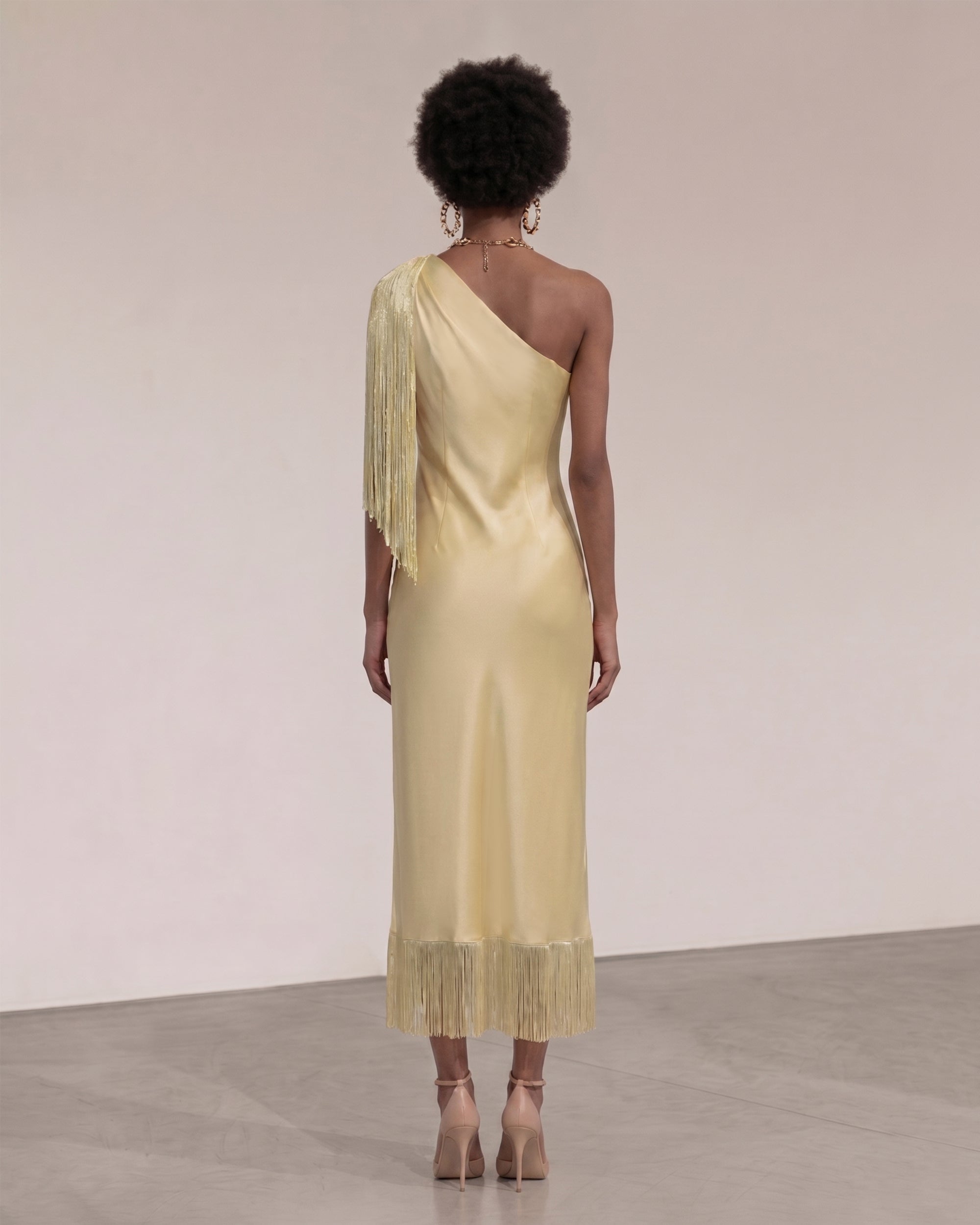 One Shoulder Fringe Midi Dress - Champagne - Image 2
