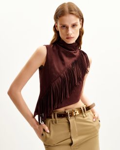 Alternative view of Adeline Asymmetric Fringe Sueded Top - Burgundy