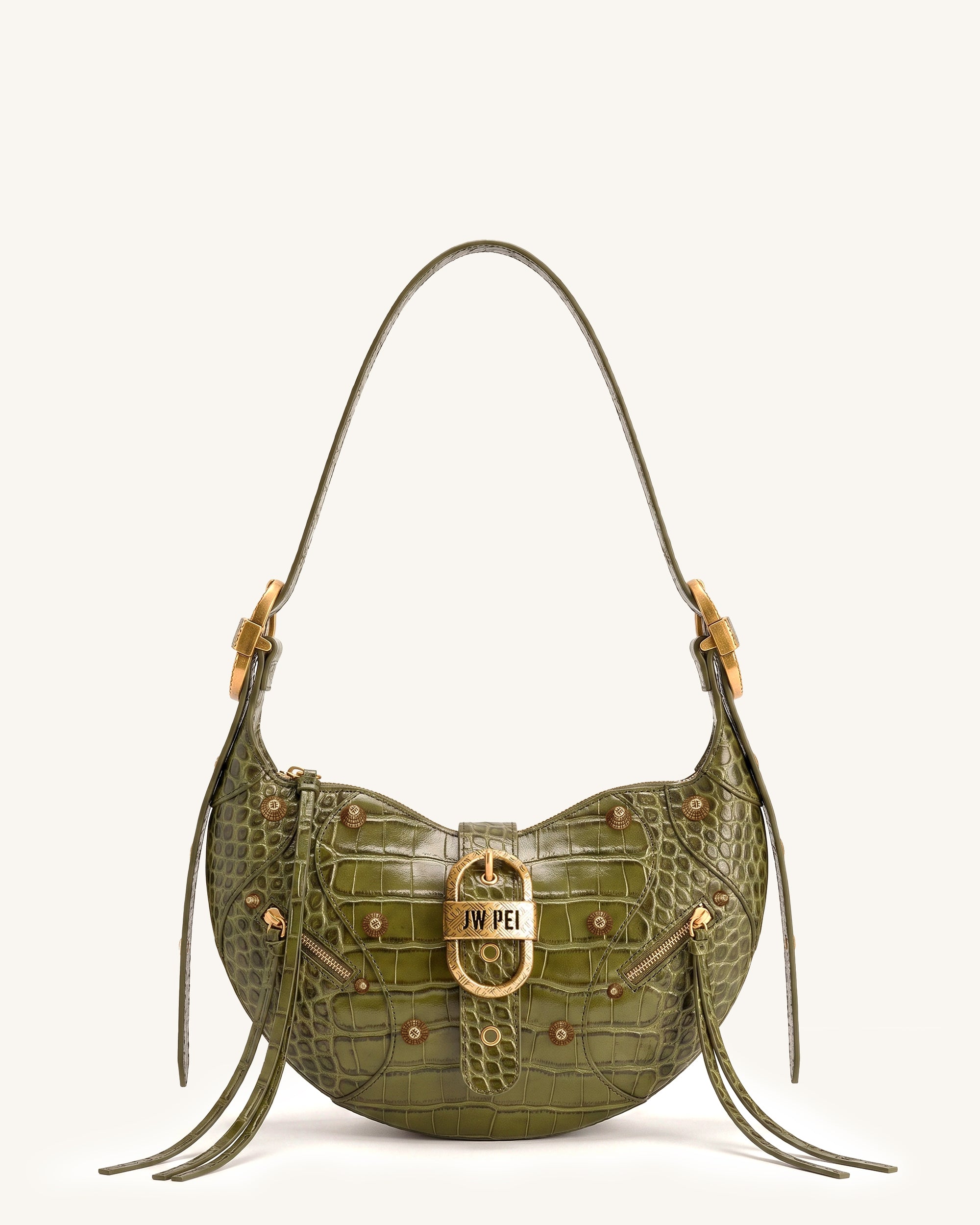 Tessa Studded Shoulder Bag - Army Green Croc