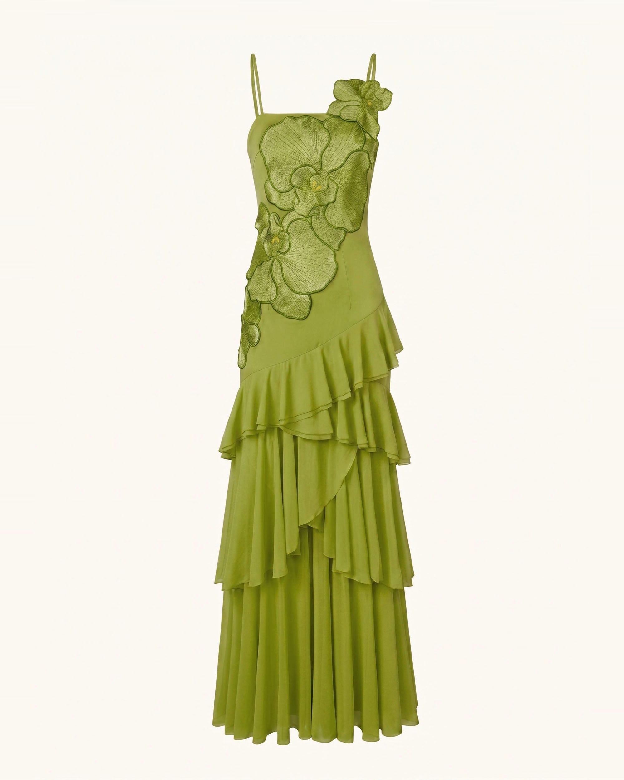 Orchid Embroidered Ruffled One-Shoulder Maxi Dress - Olive Green - Image 3