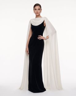 Cowl Neck Sheer Cape Maxi Gown - Black & White