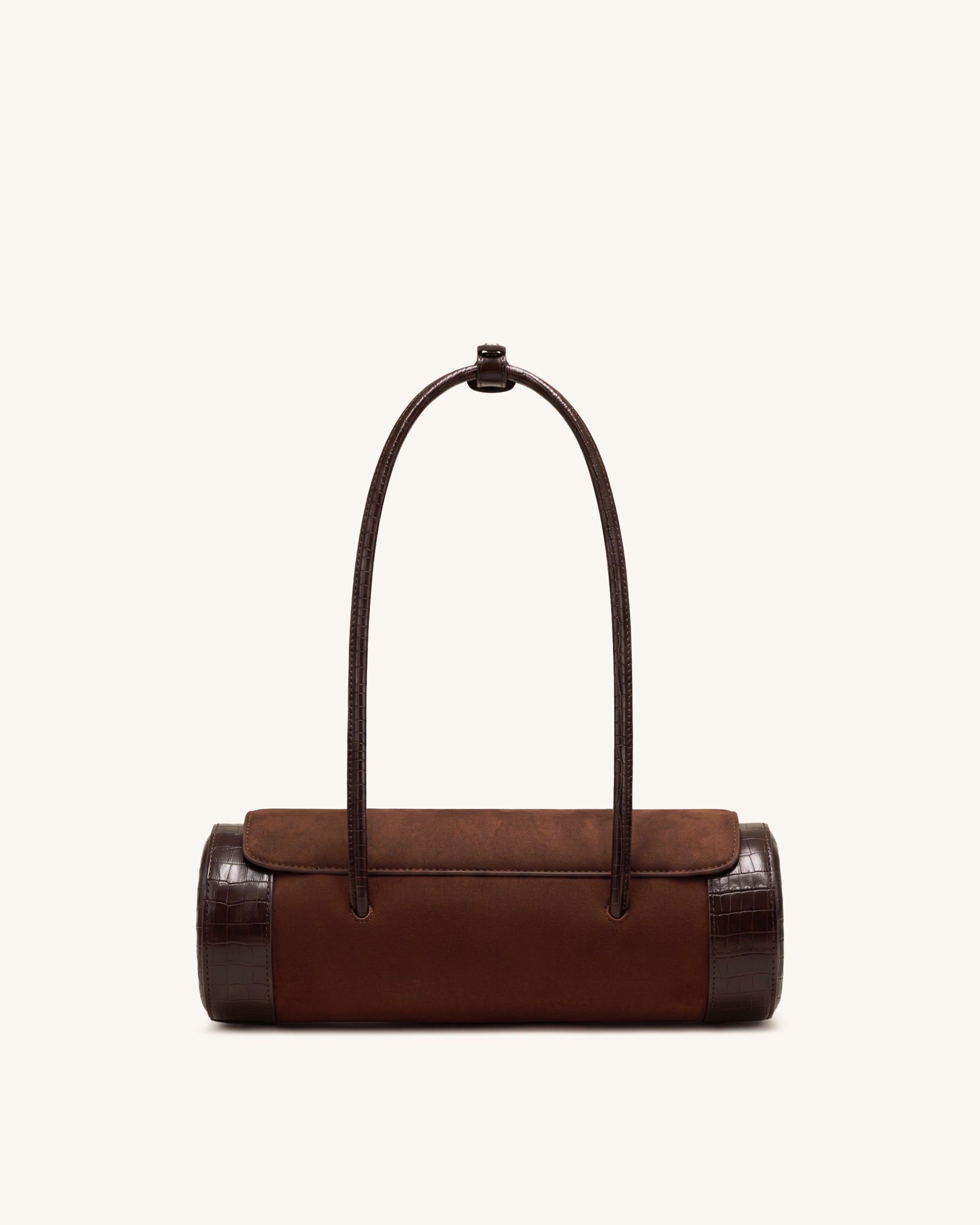 Maelis Faux Suede Croc-Trim Barrel Bag - Dark Brown - Image 3