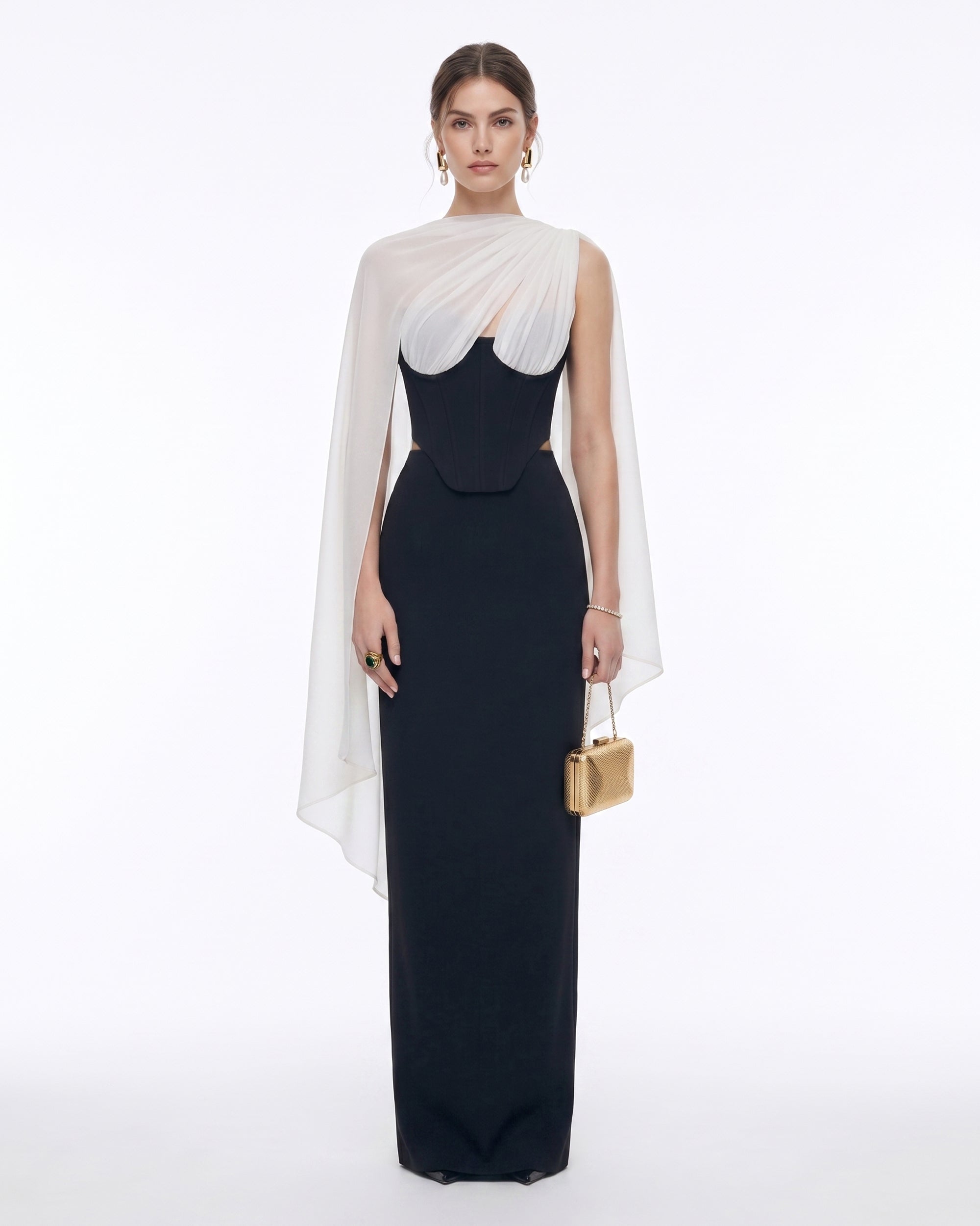 Strapless Corset Sheer Cape Top - Black & White