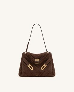 Rhea Faux Suede Quilting Double Buckle Shoulder Bag - Amber Brown