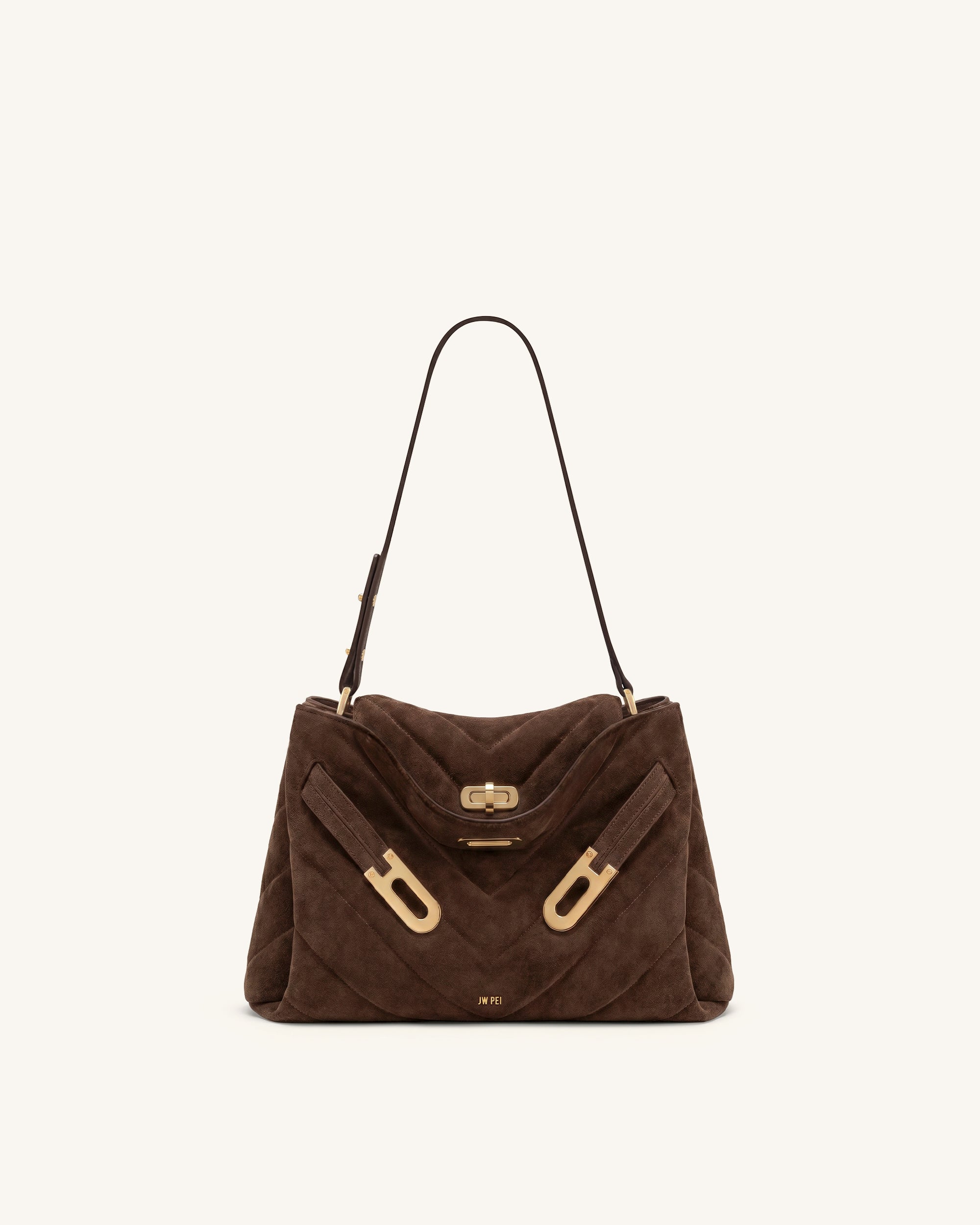 Rhea Faux Suede Quilting Double Buckle Shoulder Bag - Amber Brown