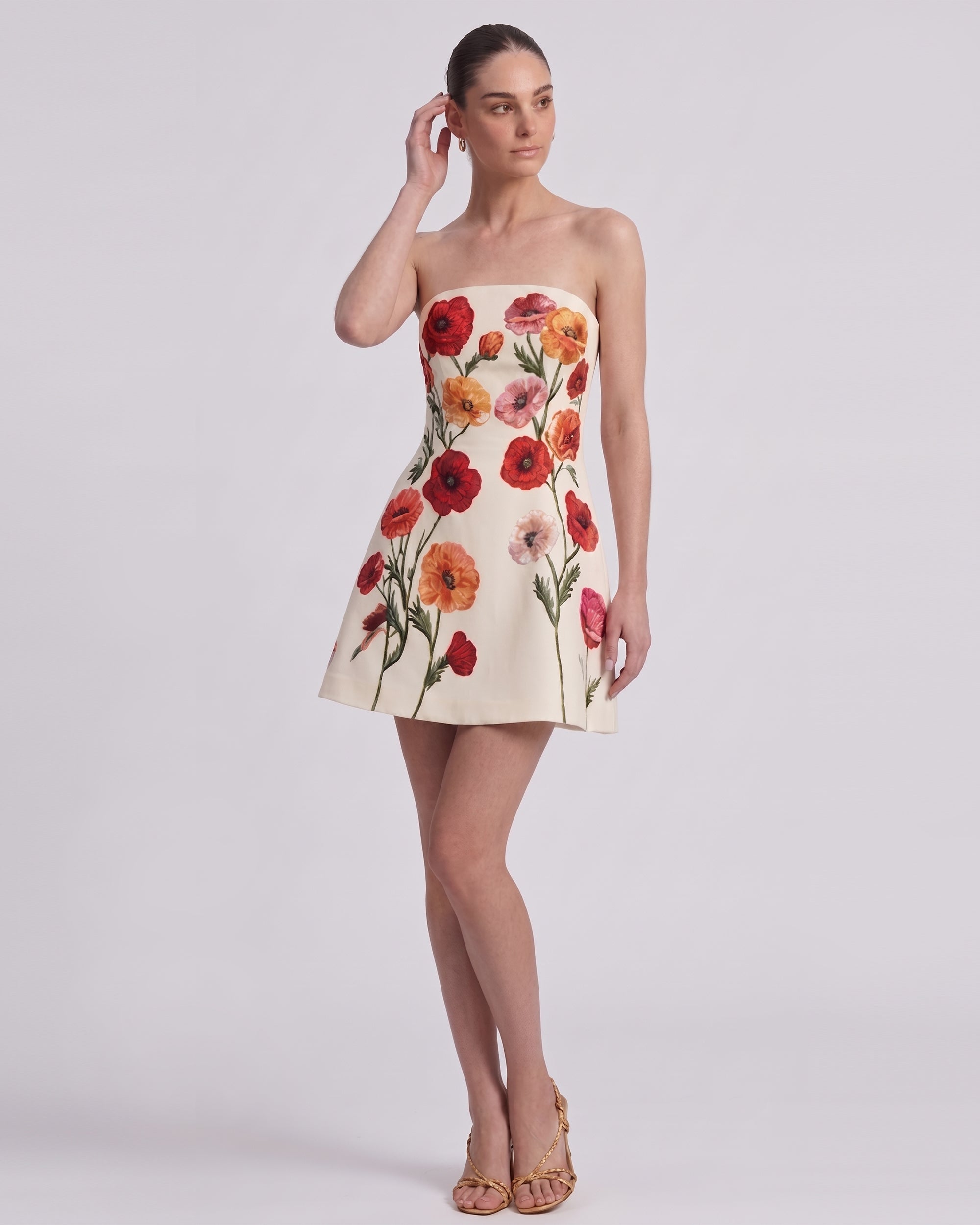 Corn Poppy Floral Strapless A-Line Mini Dress - Ivory