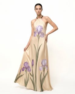 Iris Floral Print Halter Maxi Dress - Cream