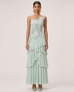 Orchid Embroidered Ruffled One-Shoulder Maxi Dress - Mint Green