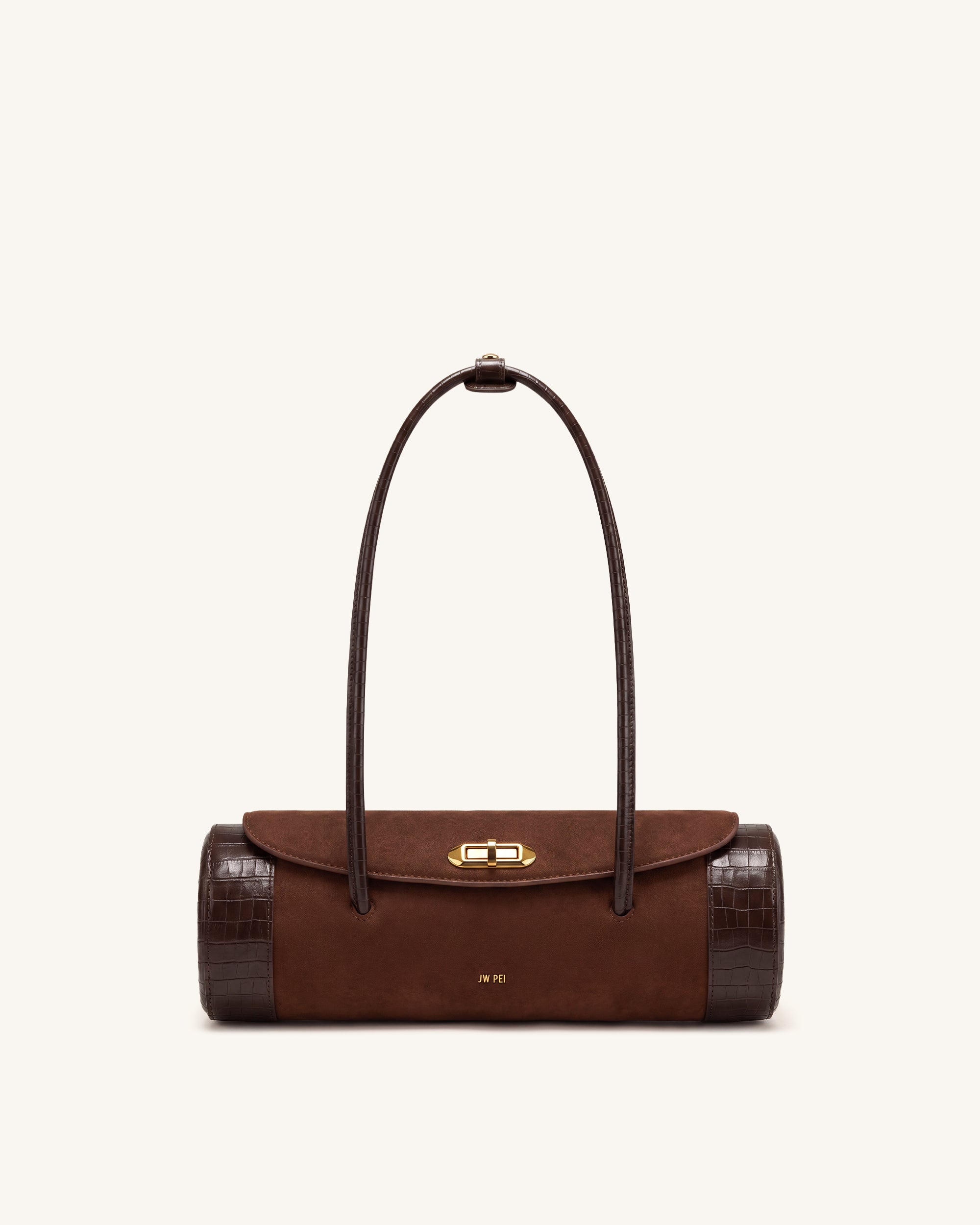 Maelis Faux Suede Croc-Trim Barrel Bag - Dark Brown