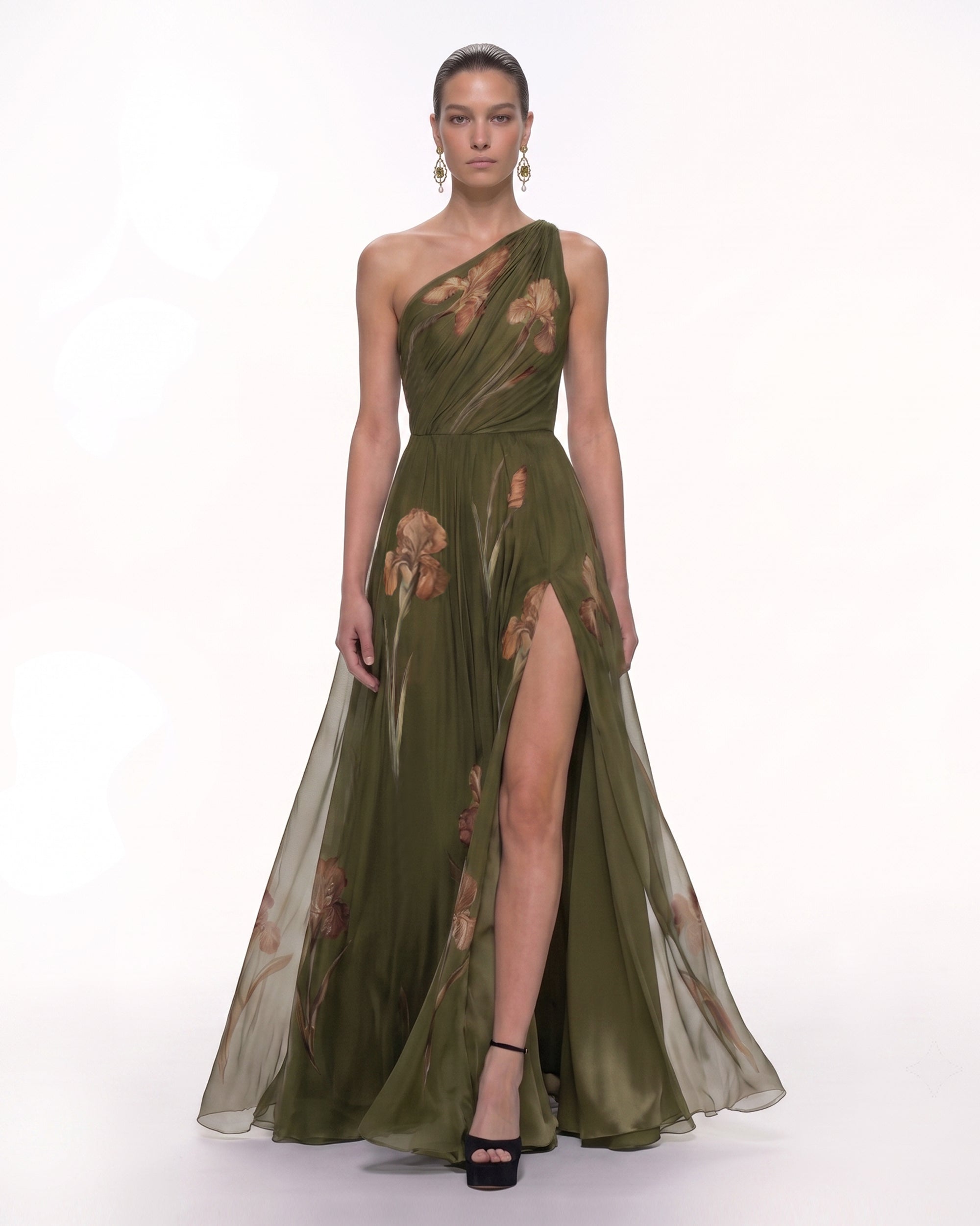 Floral One Shoulder Maxi Dress - Olive Green