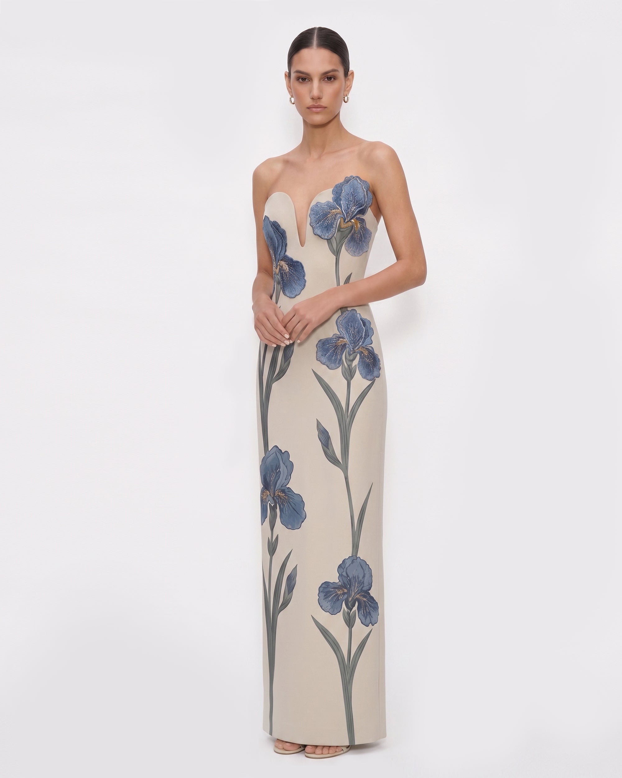 Iris Embroidered Notch Neck Strapless Maxi Dress - Light Beige