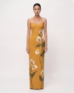 Calla Lily Sweetheart Neck Column Maxi Dress - Golden Yellow