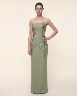 Iris Embroidered Strapless Maxi Dress - Sage Green