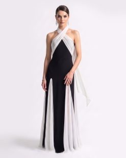 Cross Halter Draped Contrast Slit Maxi Gown - Black & White