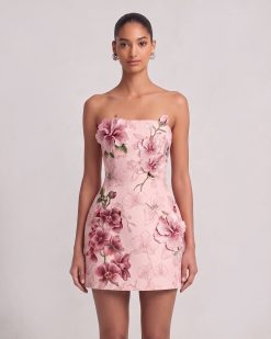 3D Hibiscus Strapless Mini Dress - Blush Pink