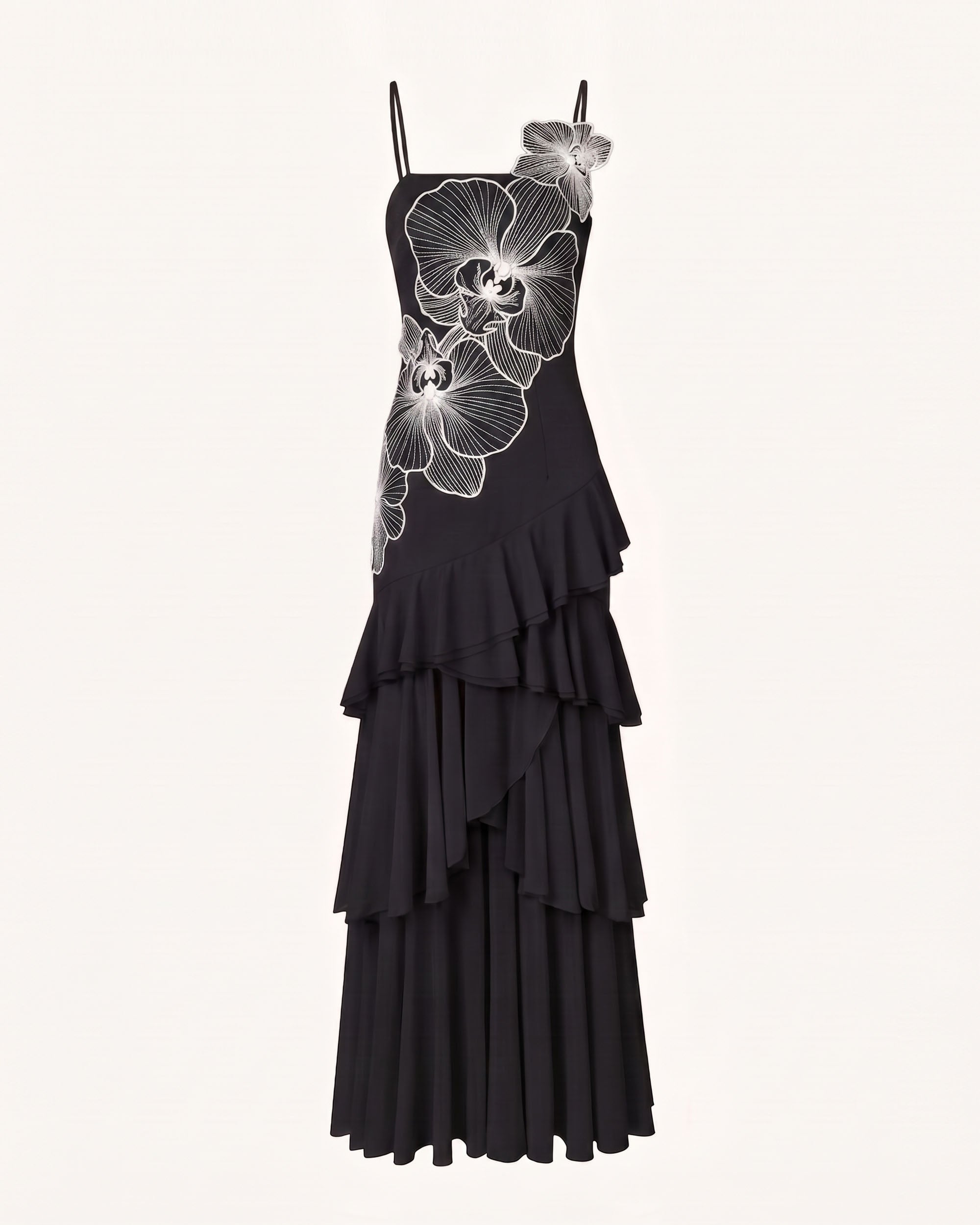 Orchid Embroidered Ruffled One-Shoulder Maxi Dress - Black & White - Image 2
