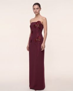 Iris Embroidered Strapless Maxi Dress - Burgundy