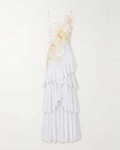 Alternative view of Orchid Embroidered Ruffled One-Shoulder Maxi Dress - Ivory