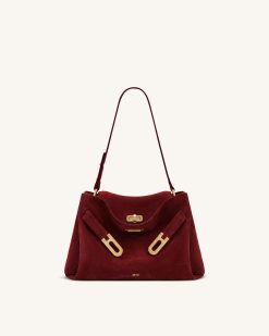 Rhea Faux Suede Double Buckle Shoulder Bag - Cinnabar Red