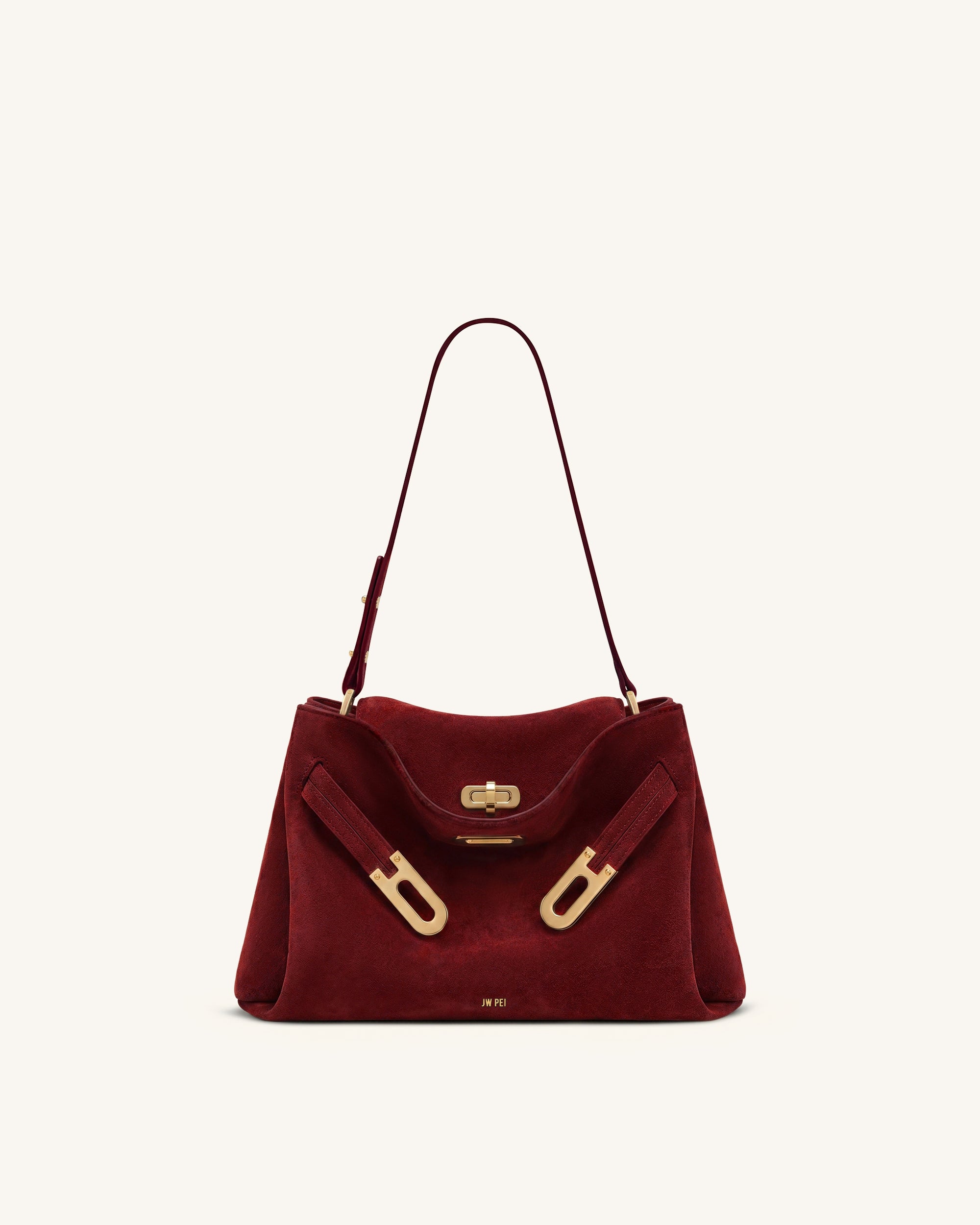 Rhea Faux Suede Double Buckle Shoulder Bag - Cinnabar Red