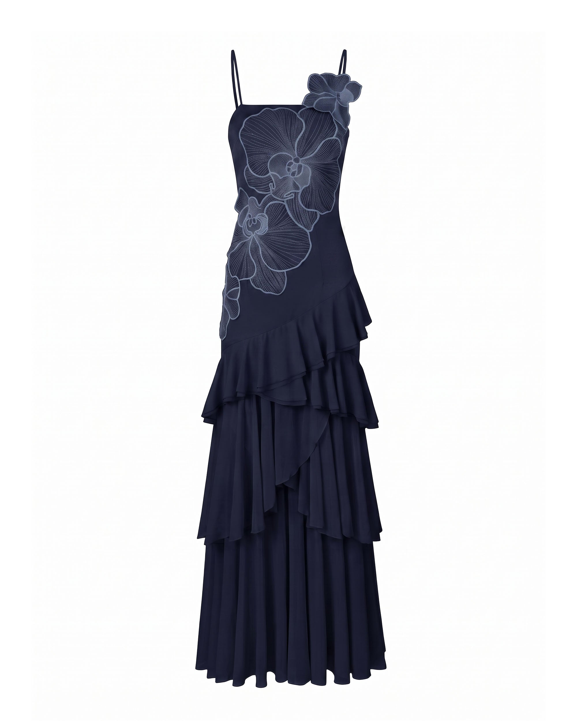Orchid Embroidered Ruffled One-Shoulder Maxi Dress - Navy - Image 3
